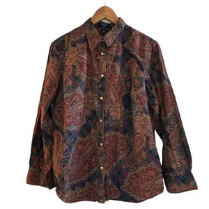 Chaps Womens Paisley Multi Color Jewel Tone Button Down Gold Buttons Size 1x